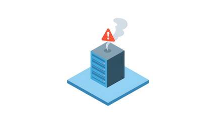 Isometric vector illustration of crashing server rack emitting smoke with red warning alert icon