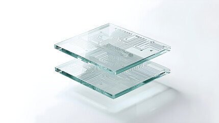 Abstract futuristic glass circuit board plates floating on white background