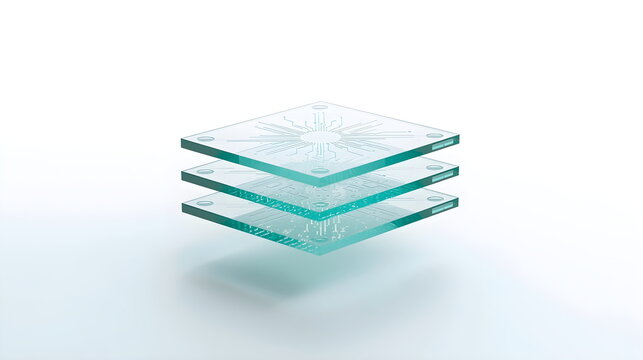 Abstract futuristic glass circuit board plates floating on white background - Powered by Adobe