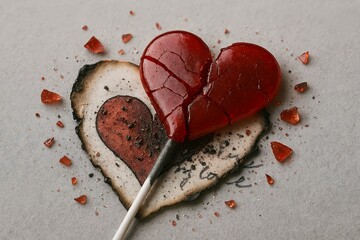 A shattered red heart lollipop rests upon a partially burnt paper heart, symbolizing profound love and loss