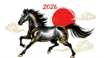 Stylized black horse with golden swirling patterns, a red sun, and ornate clouds, representing the year 2026.