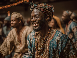 A vibrant Black History Month celebration with people wearing traditional African clothing, dancing, and sharing cultural stories.