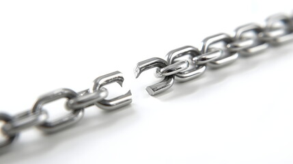 Obraz premium Silver metal chain with one broken link on white background