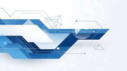 Abstract technological background with blue geometric shapes and connecting lines representing data flow and innovation.