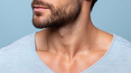Obraz premium Close up of male neck and jawline with soft skin imperfections and light beard, wearing light blue shirt against blue background, showing natural texture and subtle marks