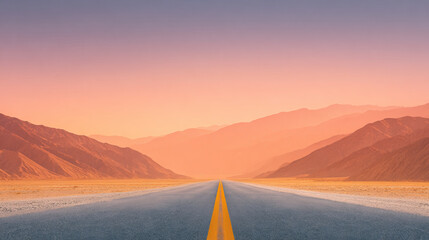 Naklejka premium Long empty asphalt road, rocky desert hill, sunrise, tranquil, scenic landscape