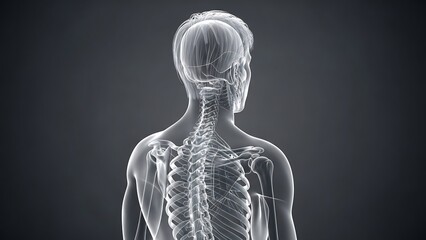 Transparent illustration of a human body showing the skeletal system from behind