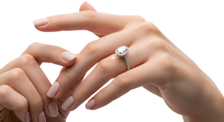 Beautiful diamond ring on a woman's finger showcasing elegance and luxury on transparent background. on transparent background