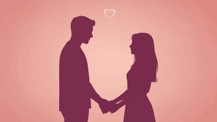 Romantic Silhouette of Loving Couple Holding Hands on Warm Pink Background