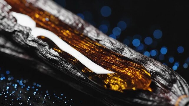 Close-up shot of a vanilla bean with a white knife on a dark background.