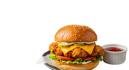 Delicious crispy chicken sandwich with cheese and tomato on sesame seed bun on transparent background. on transparent background