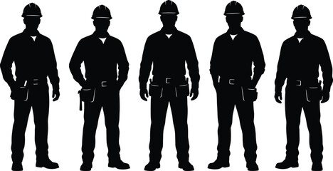 Construction worker silhouette lineup showing professional builders with safety helmets tool belts standing poses isolated on white background vector illustration