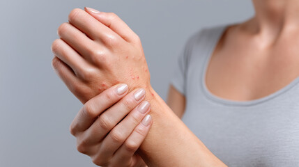 Person holding wrist with skin rash and irritation, showing discomfort and concern about skin condition on hand and forearm