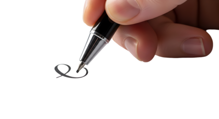 Hand holding a pen writing a decorative flourish on a transparent background on transparent background