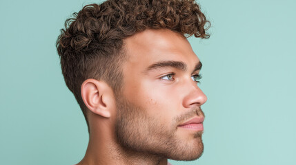 Fototapeta premium Oily luminous highlights captured on sharp jawline of young man with curly hair and blue eyes looking thoughtfully to side against light blue background
