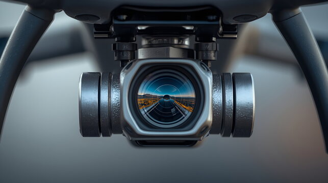 Extreme close up of professional drone camera lens and gimbal mechanism