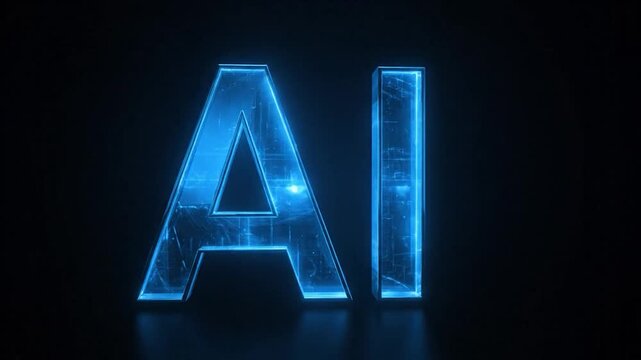 A glowing "AI" in blue neon against a dark background, featuring intricate circuit patterns within the letters