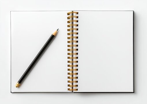 Open spiral notebook with blank white pages and black pencil - Powered by Adobe