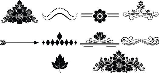 Ornamental vector silhouette illustration, floral and divider icons, decorative graphic set, black design elements, vintage embellishment concept, elegant layout style © Farzana