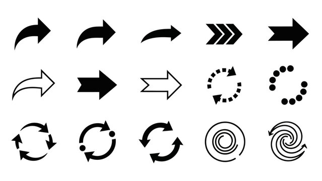 Collection of diverse black and white arrow icons and loading symbols for digital interfaces
