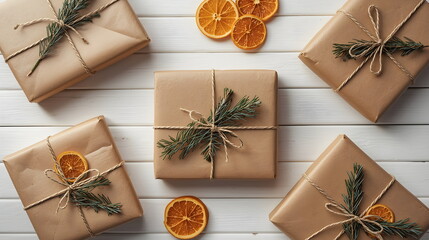 Flat lay of eco friendly gifts with dried orange slices on white wood