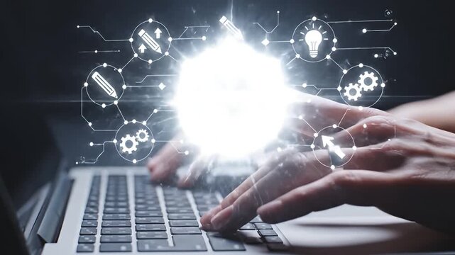Futuristic Software Coding Concept: Digital HUD Symbols Over Keyboard
