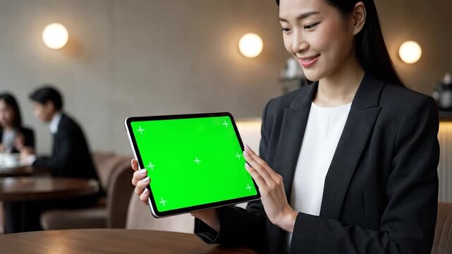 A businesswoman holds a tablet with a green screen in a cafe, smiling at the device