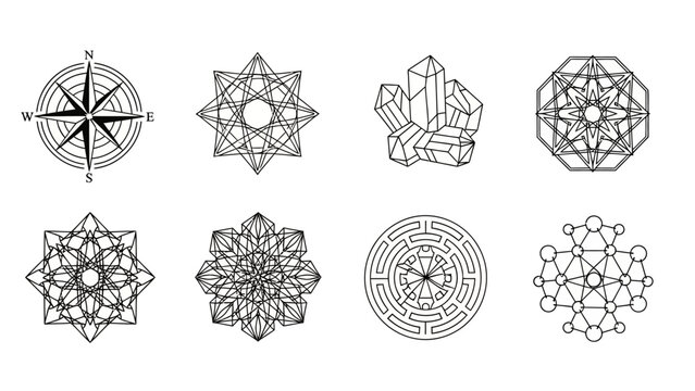 Collection of Geometric Sacred Symbols and Crystals in Black and White Line Art