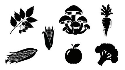 Collection of Simple Black and White Silhouettes Representing Fresh Produce and Fungi © Alfa