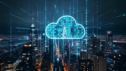 Modern cityscape with glowing cloud computing symbol at night - Powered by Adobe