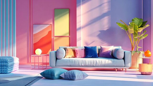 A digitally rendered living room setting featuring a stylish sofa under the warm glow of sunlight, accented by a vibrant pink wall with a colorful artwork.