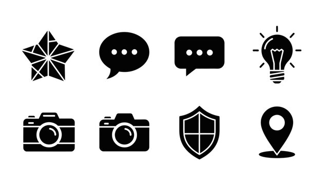 Collection of simple black and white icons representing communication, ideas, and locations