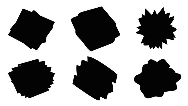 Collection of six abstract black organic shapes and geometric forms on a white background