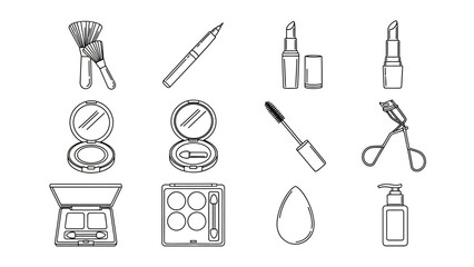Collection of stylized line art icons representing various beauty and makeup products