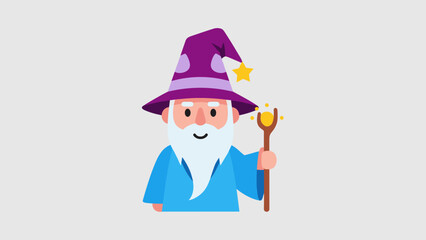 Cartoon Wizard with Pointed Hat and Magic Staff Illustration.