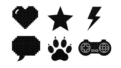 Retro pixelated icons for gaming and communication featuring a heart star lightning paw and