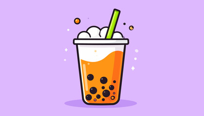 Cartoon Boba Tea Illustration with Tapioca Pearls and Straw.