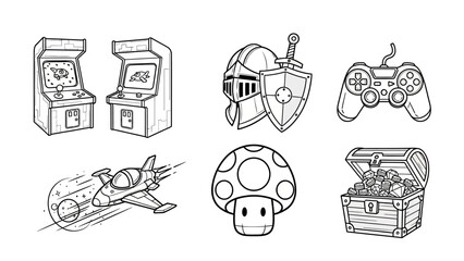 Retro Video Game Icons Collection Featuring Arcade Machines Spaceships and More