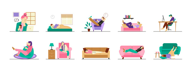 Laziness illustrations set. Flat vector illustrations.