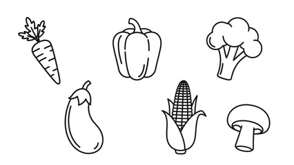 Set of line art drawings of fresh vegetables isolated on a white background
