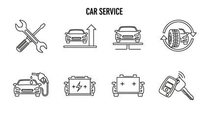 Set of line art icons for car service and automotive repair maintenance diagnostics and