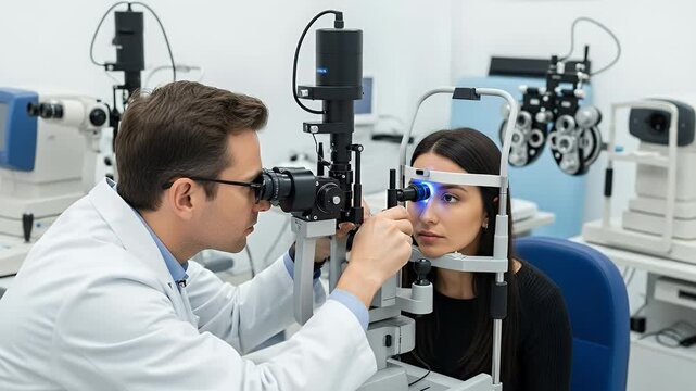 Optometrist Examines Patient Eye With Slit Lamp Machine Soft Lighting