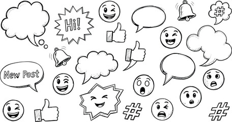 Fototapeta premium Playful Social Media Doodle Set with New Post Tag, Hi Greeting, Emojis, and Engagement Icons