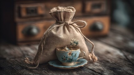 A charming miniature ceramic teacup and saucer with floral designs sits beside a burlap bag on a rustic wooden surface, evoking warmth and tradition.
