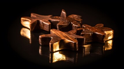 A cluster of polished wooden star-shaped puzzle pieces with interlocking edges, reflecting light on a dark surface.