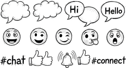 Sketchy Chat and Connect Social Media Doodles with Hi Hello Text, Emojis, and Hashtags © graphicsobai