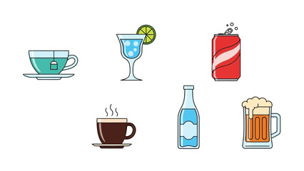 A diverse collection of refreshing beverage icons including tea coffee soda water and beer