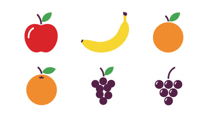A flat illustration featuring an apple banana orange and grapes collection
