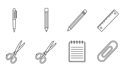 A Set of Black Line Drawing Icons for Stationery Essentials and School Supplies on White