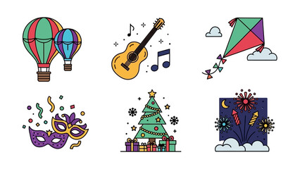 A vibrant collection of colorful flat design icons representing various celebrations and activities